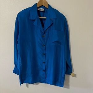 Vintage Rafaella Silk Button Blouse Blue Dead Stock NWT-Medium